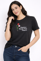 Black Cotton Floral T-Shirt