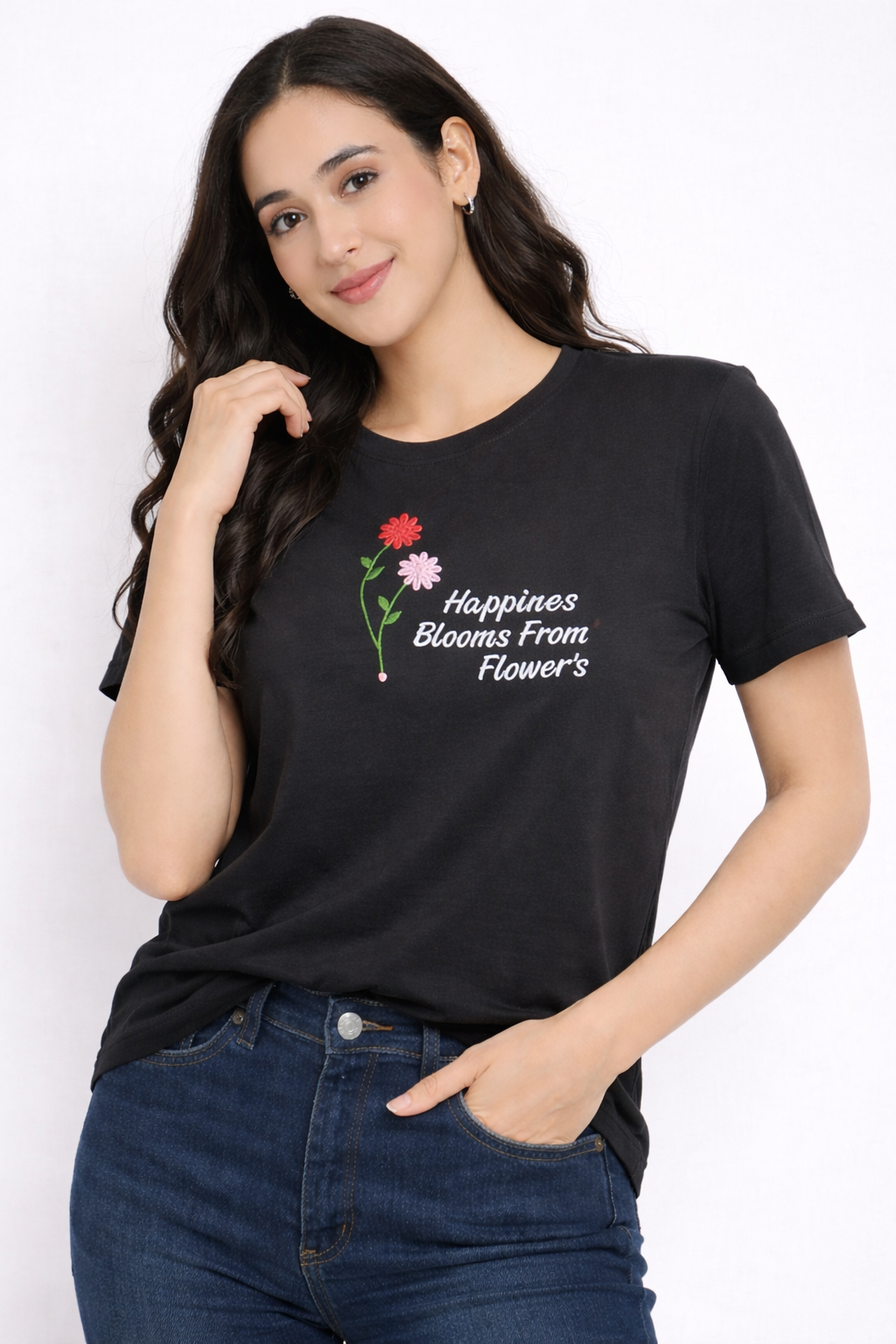 Black Cotton Floral T-Shirt